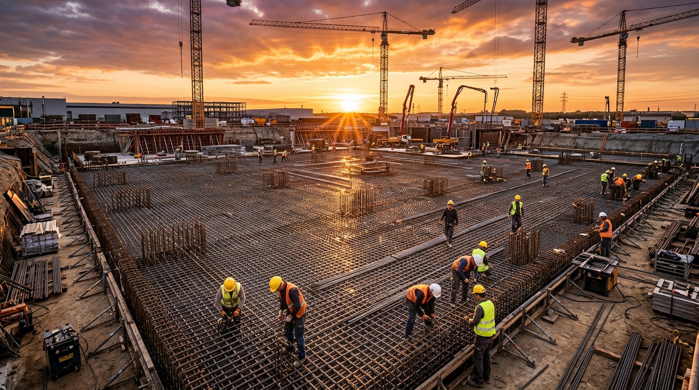 Massive raft foundation slab rebar reinforcement mesh at golden hour