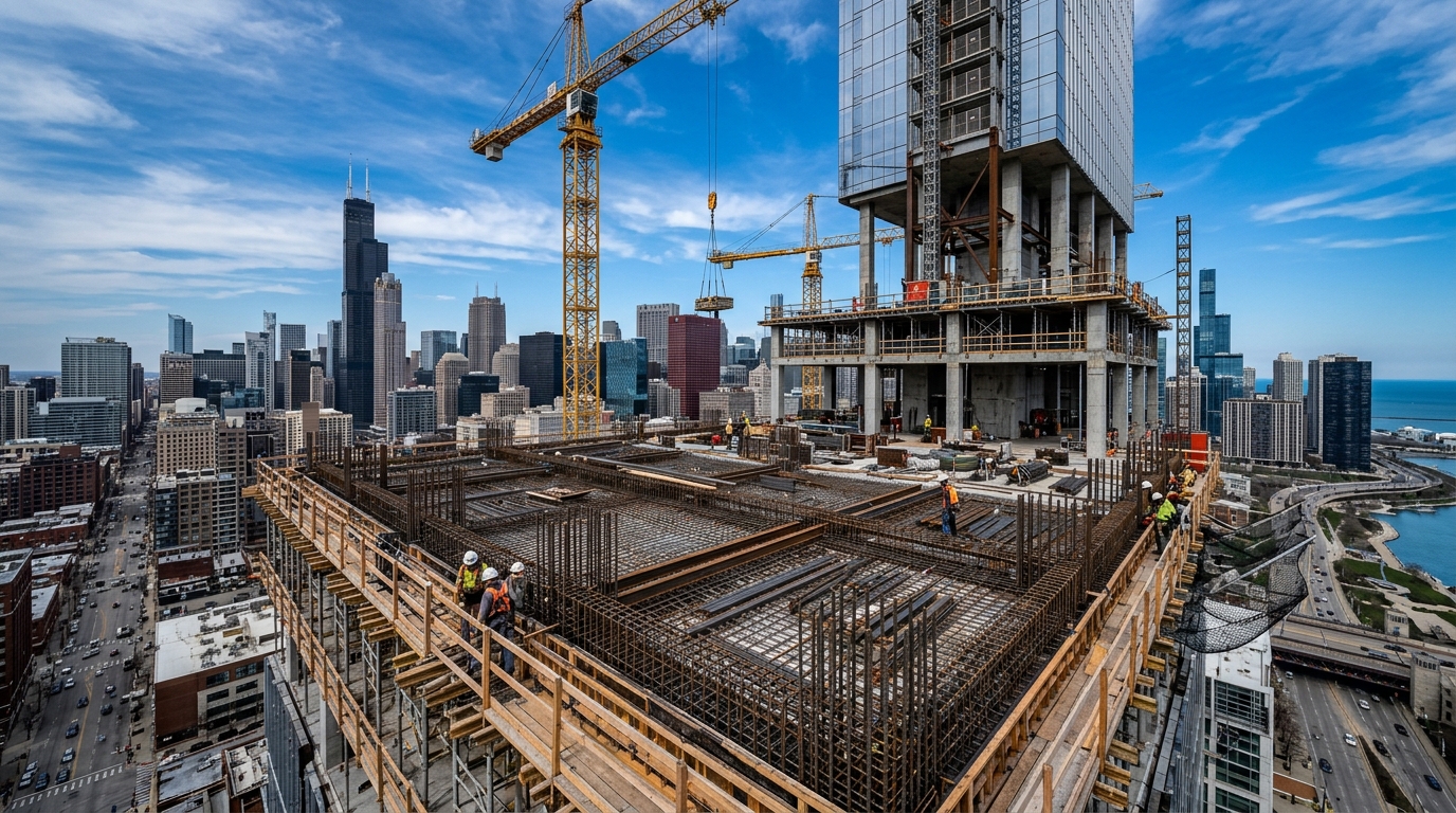 High-rise building concrete floor deck rebar framework with city skyline